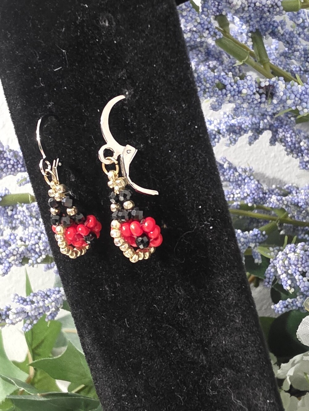 Handcrafted Red Beaded Ladybug Drop Earrings - Picture 3 of 6